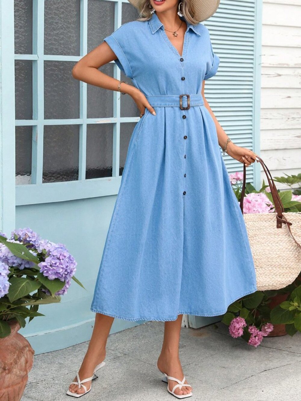 Light Wash Casual Women's Short Sleeve Single-Breasted Denim Dress - Picture 3 of 7